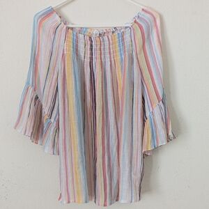 Spense Gauzy Striped Summer Top, Smocked Neck Bell Sleeve, Size Medium